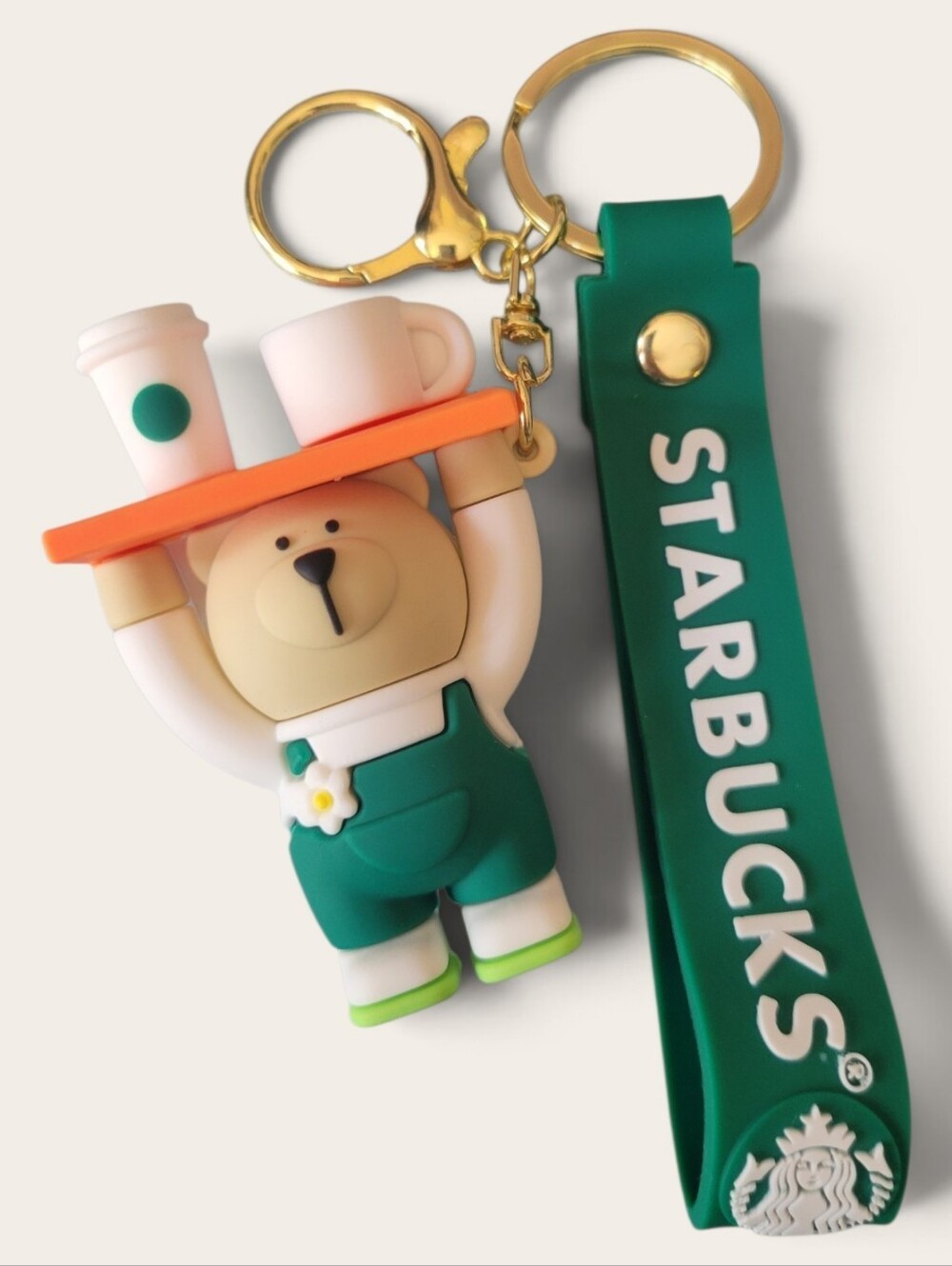 Starbucks Green Bear Keyring with Orange Tray and Cream Bear